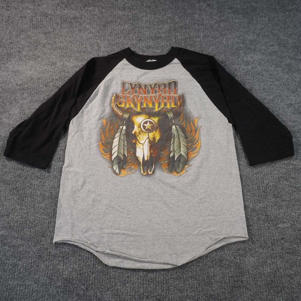 Lynyrd Skynyrd Baseball Tee Mens Large Gray Black Raglan 3/4 Sleeve Steer Skull